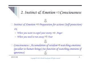 Instinct & Emotion (Brain) Preparation for actions
ex. (Self-protection)
When you want to expel your enemy Anger
2. Instinct & Emotion Consciousness
32014/6/9
When you want to expel your enemy Anger
When you need to run away Fear
Consciousness : Accumulation of wisdom watching emotions
(peculiar to human beings) (no function of watching emotions if
ignorance)
Copyright © 2013, Hitoshi Tsuchiyama. All rights reserved.Copyright © 2013, Hitoshi Tsuchiyama. All rights reserved.Copyright © 2013, Hitoshi Tsuchiyama. All rights reserved.Copyright © 2013, Hitoshi Tsuchiyama. All rights reserved.
 