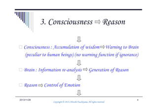 Consciousness : Accumulation of wisdom Generation of
Reason (peculiar to human beings) (no function of generation
of reason if ignorance)
3. Consciousness Reason
42014/6/9
of reason if ignorance)
Reason Control of Emotion + Warning to Brain
ex.
Anger Patience, Tolerance, Forgiveness Compassion
Jealousy Contentment, Simplicity Compassion
Copyright © 2013, Hitoshi Tsuchiyama. All rights reserved.Copyright © 2013, Hitoshi Tsuchiyama. All rights reserved.Copyright © 2013, Hitoshi Tsuchiyama. All rights reserved.Copyright © 2013, Hitoshi Tsuchiyama. All rights reserved.
 