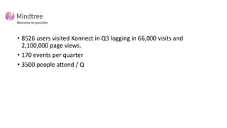 • 8526 users visited Konnect in Q3 logging in 66,000 visits and
  2,100,000 page views.
• 170 events per quarter
• 3500 people attend / Q
 
