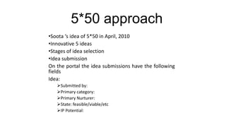 5*50 approach
•Soota ‘s idea of 5*50 in April, 2010
•Innovative 5 ideas
•Stages of idea selection
•Idea submission
On the portal the idea submissions have the following
fields
Idea:
   Submitted by:
   Primary category:
   Primary Nurturer:
   State: feasible/viable/etc
   IP Potential:
 