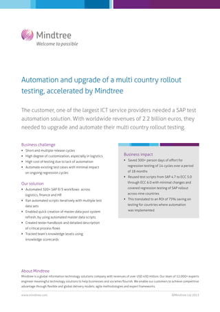 Automation and upgrade of a multi country rollout
testing, accelerated by Mindtree
The customer, one of the largest ICT service providers needed a SAP test
automation solution. With worldwide revenues of 2.2 billion euros, they
needed to upgrade and automate their multi country rollout testing.
Business challenge
 Short and multiple release cycles
 High degree of customization, especially in logistics

Business impact

 High cost of testing due to lack of automation

 Saved 300+ person days of eﬀort for

 Automate existing test cases with minimal impact
on ongoing regression cycles

regression testing of 14 cycles over a period
of 18 months
 Reused test scripts from SAP 4.7 to ECC 5.0

Our solution
 Automated 320+ SAP R/3 workﬂows across
logistics, ﬁnance and HR
 Ran automated scripts iteratively with multiple test
data sets
 Enabled quick creation of master data post system

through ECC 6.0 with minimal changes and
covered regression testing of SAP rollout
across nine countries
 This translated to an ROI of 75% saving on
testing for countries where automation
was implemented

refresh, by using automated master data scripts
 Created tester handbook and detailed description
of critical process ﬂows
 Tracked team’s knowledge levels using
knowledge scorecards

About Mindtree
Mindtree is a global information technology solutions company with revenues of over USD 430 million. Our team of 12,000+ experts
engineer meaningful technology solutions to help businesses and societies ﬂourish. We enable our customers to achieve competitive
advantage through ﬂexible and global delivery models, agile methodologies and expert frameworks.
www.mindtree.com

©Mindtree Ltd 2013

 