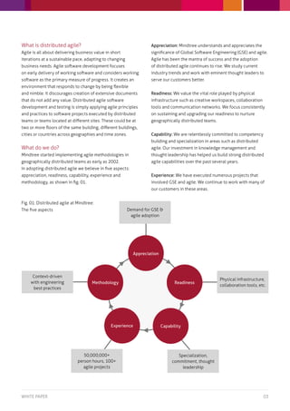 What is distributed agile?                                          Appreciation: Mindtree understands and appreciates the
Agile is all about delivering business value in short               significance of Global Software Engineering (GSE) and agile.
iterations at a sustainable pace, adapting to changing              Agile has been the mantra of success and the adoption
business needs. Agile software development focuses                  of distributed agile continues to rise. We study current
on early delivery of working software and considers working         industry trends and work with eminent thought leaders to
software as the primary measure of progress. It creates an          serve our customers better.
environment that responds to change by being flexible
and nimble. It discourages creation of extensive documents          Readiness: We value the vital role played by physical
that do not add any value. Distributed agile software               infrastructure such as creative workspaces, collaboration
development and testing is simply applying agile principles         tools and communication networks. We focus consistently
and practices to software projects executed by distributed          on sustaining and upgrading our readiness to nurture
teams or teams located at different sites. These could be at        geographically distributed teams.
two or more floors of the same building, different buildings,
cities or countries across geographies and time zones.              Capability: We are relentlessly committed to competency
                                                                    building and specialization in areas such as distributed
What do we do?                                                      agile. Our investment in knowledge management and
Mindtree started implementing agile methodologies in                thought leadership has helped us build strong distributed
geographically distributed teams as early as 2002.                  agile capabilities over the past several years.
In adopting distributed agile we believe in five aspects:
appreciation, readiness, capability, experience and                 Experience: We have executed numerous projects that
methodology, as shown in fig. 01.                                   involved GSE and agile. We continue to work with many of
                                                                    our customers in these areas.


Fig. 01: Distributed agile at Mindtree:
The five aspects                                         Demand for GSE &
                                                          agile adoption




                                                            Appreciation




      Context-driven
                                                                                                        Physical infrastructure,
     with engineering                 Methodology                                Readiness
                                                                                                        collaboration tools, etc.
      best practices




                                               Experience                  Capability




                                 50,000,000+                                       Specialization,
                              person hours, 100+                                commitment, thought
                                agile projects                                       leadership




White paper                                                                                                                     03
 