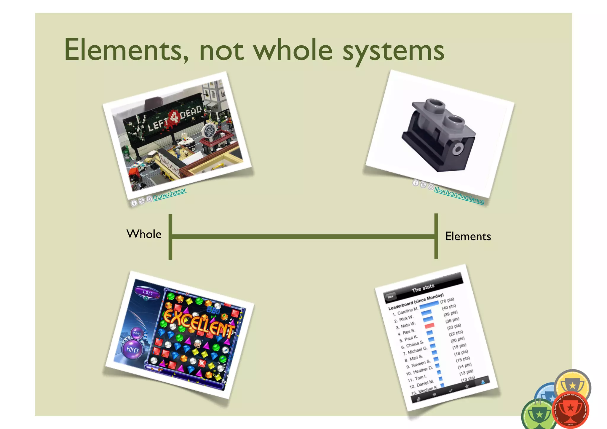 Elements, not whole systems	




                    er      libert
                chas              yand
         Dune                            vigila
                                                  nce




    Whole	

                    Elements	





                                                        14	
  
 
