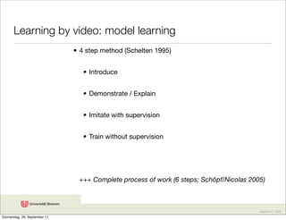 Learning by video: model learning
                               • 4 step method (Schelten 1995)


                                  • Introduce


                                  • Demonstrate / Explain


                                  • Imitate with supervision


                                  • Train without supervision




                                +++ Complete process of work (6 steps; Schöpf/Nicolas 2005)



                                                                                         Karsten D. Wolf
Donnerstag, 29. September 11
 