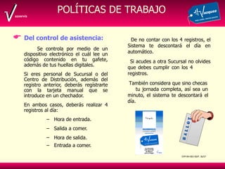 Del control de asistencia: Se controla por medio de un dispositivo electrónico el cuál lee un código contenido en tu gafete, además de tus huellas digitales. Si eres personal de Sucursal o del Centro de Distribución, además del registro anterior, deberás regístrarte con la tarjeta manual que se introduce en un chechador. En ambos casos, deberás realizar 4 registros al día:  Hora de entrada.  Salida a comer. Hora de salida.   Entrada a comer. OYP-RH-002-00/ P .  /57 POLÍTICAS DE TRABAJO De no contar con los 4 registros, el Sistema te descontará el día en automático. Si acudes a otra Sucursal no olvides que debes cumplir con los 4  registros. También considera que sino checas  tu jornada completa, así sea un  minuto, el sistema te descontará el  día. 