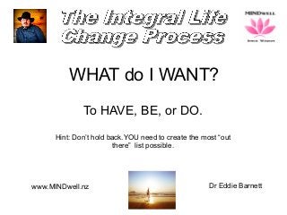 www.MINDwell.nz Dr Eddie Barnett
WHAT do I WANT?
To HAVE, BE, or DO.
Hint: Don’t hold back.YOU need to create the most “out
there” list possible.
 