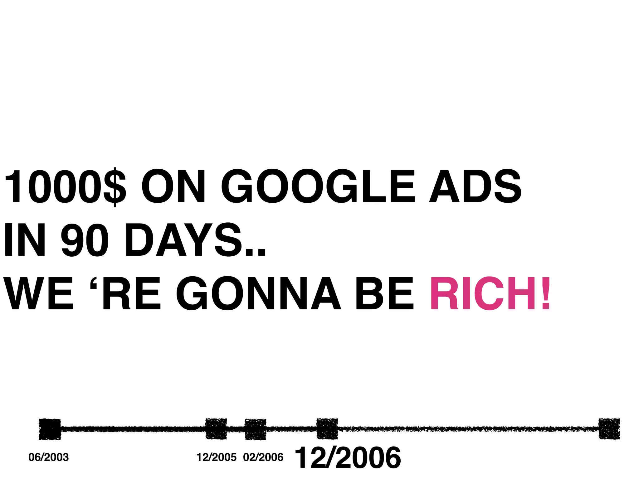 1000$ ON GOOGLE ADS
IN 90 DAYS..
WE ʻRE GONNA BE RICH!


06/2003   12/2005 02/2006
                            12/2006
 