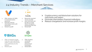 ➢ Cryptocurrency and blockchain solutions for
merchants and sellers
➢ Eliminate intermediary financial institutions
➢ Reduce chargebacks and increase profit margins
● Offer solutions for SMEs
to send and receive
payments
● Eliminate need for
intermediary banks with
blockchain
● Raised $ 44.25M
● Offer an enterprise-grade,
multi-sig, multi-user Bitcoin
wallet, as well as API access
to its underlying security
platform
● Raised $ 12M
2.4 Industry Trends - Merchant Services
● Blockchain payment
service provider
● 3000 merchants will
be able to accept
bitcoin through its
partnership with POS
● Raised $4M
● Offer fraudless
worldwide
payment
processing to
businesses
● Raised $8 M
16
2.4 Industry Trends – Merchant Services
 