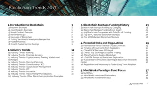 Blockchain Trends 2017
2
1. Introduction to Blockchain
1.1 Payment Example
1.2 Asset Registry Example
1.3 Smart Contract Example
1.4 New Internet 3.0
1.5 New Age of Blockchain
1.6 Putting the World’s Money into Perspective
1.7 Market Potential
1.8 Growth Fueled by Cost Savings
3
4
5
6
7
8
9
10
11
2. Industry Trends
2.1 Industry Trends- Banking
2.2 Industry Trends- Financial Services
2.3 Industry Trends- Cryptocurrency Trading, Wallets and
Exchanges
2.4 Industry Trends- Merchant Services
2.5 Industry Trends- Crowdfunding/ ICO
2.6 Industry Trends- Supply Chain Management
2.7 Industry Trends- IOT
2.8 Industry Trends- Insurance
2.9 Industry Trends- P2p Lending/ Marketplaces
2.10 Industry Trends- Other Blockchain Application Examples
12
13
14
15
16
17
18
19
20
21
22
3. Blockchain Startups Funding History
3.1 Blockchain Startups Funding by Category
3.2 Blockchain Startups Funding Event Count
3.3 923 Blockchain Companies with Total $2.2B Funding
3.4 Top 10 VC- Backed Blockchain Startups
3.5 Top 5 ICO-Backed Blockchain Startups
23
24
25
26
27
28
4. Potential Risks and Regulations
4.1 International Views Towards Cryptocurrencies
4.2 Timeline of Key Events from Regulators
4.3 China PBOC Declares ICO Illegal
4.4 China’s Top Exchanges Suspend Trading
4.5 China Pushes to Explore Blockchain
4.6 USA GSA Ramps up Blockchain Exploration
4.7 Russian Bank Announces Opening of Blockchain Research
Center
4.8 Regulations are Necessary to Foster Long Term Adoption
29
29
30
31
32
33
34
35
36
5. MindWorks Paradigm Fund Focus
5.1 Our Ethos
5.2 MindWorks Investment Parameters
5.3 MindWorks Investment Focus
37
37
38
39
 