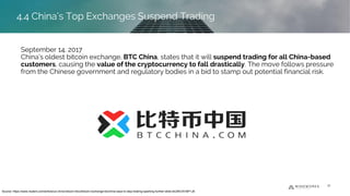 September 14, 2017
China’s oldest bitcoin exchange, BTC China, states that it will suspend trading for all China-based
customers, causing the value of the cryptocurrency to fall drastically. The move follows pressure
from the Chinese government and regulatory bodies in a bid to stamp out potential financial risk.
32
4.4 China’s Top Exchanges Suspend Trading
Source: https://www.reuters.com/article/us-china-bitcoin-btcc/bitcoin-exchange-btcchina-says-to-stop-trading-sparking-further-slide-idUSKCN1BP1J8
4.4 China’s Top Exchanges Suspend Trading
 