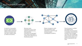 1.1 Payment Example
In order for a transaction
to occur, there must be a
digital wallet to send and
receive currencies. Each
user with a wallet is able
to initiate transactions.
Because many
transactions occur in the
network simultaneously,
these pending
transactions are grouped
into a block. Each block is
unique and it references to
the previous block.
Miners compete to verify
each transaction. Each
verification is done through
solving complex
cryptographic problems.
Once the block is verified
and added to the
blockchain, the transaction
is complete and ownership
of tokens have changed.
The miner who verified the
block receives some of the
cryptocurrency token as a
prize, as payment for the
work.
4
1.1 Payment Example
 