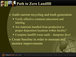 Path to Zero Landfill 
 Audit current recycling and trash generation 
 Verify effective container placement and 
labeling 
 Are materials handled from production to 
proper disposition locations within facility? 
 Complete landfill waste audit – dumpster dive! 
 Create baseline in order to measure and 
monitor improvements 
 