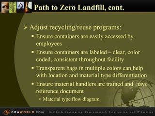Path to Zero Landfill, cont. 
 Adjust recycling/reuse programs: 
 Ensure containers are easily accessed by 
employees 
 Ensure containers are labeled – clear, color 
coded, consistent throughout facility 
 Transparent bags in multiple colors can help 
with location and material type differentiation 
 Ensure material handlers are trained and have 
reference document 
• Material type flow diagram 
 