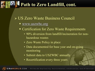 Path to Zero Landfill, cont. 
 US Zero Waste Business Council 
 www.uszwbc.org 
 Certification for Zero Waste Requirements 
• 90% diversion from landfill/incineration for non-hazardous 
wastes 
• Zero Waste Policy in place 
• Data documented for base year and on-going 
monitoring 
• Submit data to USZWBC annually 
• Recertification every three years 
 