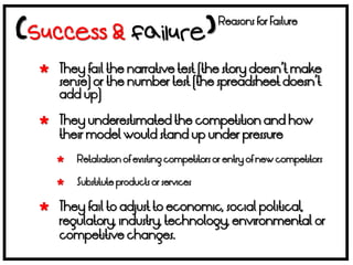Reasons for Failure



 They fail the narrative test (the story doesn’t make
  sense) or the number test (the spreadsheet doesn’t
  add up)

 They underestimated the competition and how
  their model would stand up under pressure

      Retaliation of existing competitors or entry of new competitors

      Substitute products or services

 They fail to adjust to economic, social political,
  regulatory, industry, technology, environmental or
  competitive changes.
 