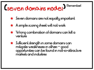 Remember!



 Seven domains are not equally important

 A simple scoring sheet will not work

 Wrong combination of domains can kill a
  venture

 Sufficient strength in some domains can
  mitigate weaknesses in others – good
  opportunities can be found in not-so-attractive
  markets and industries
 