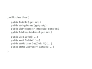 public class User {
public Guid Id { get; set; } 
public string Name { get; set; } 
public List<Interest> Interests { get;...