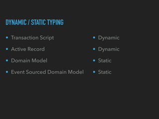 DYNAMIC / STATIC TYPING
• Dynamic
• Dynamic
• Static
• Static
• Transaction Script
• Active Record
• Domain Model
• Event ...