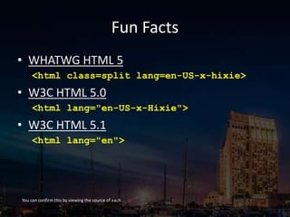 Fun Facts
• WHATWG HTML 5
<html class=split lang=en-US-x-hixie>
• W3C HTML 5.0
<html lang="en-US-x-Hixie">
• W3C HTML 5.1
<html lang="en">
You can confirm this by viewing the source of each.
 