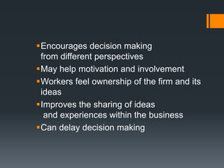 Encourages decision making
 from different perspectives
May help motivation and involvement
Workers feel ownership of the firm and its
 ideas
Improves the sharing of ideas
  and experiences within the business
Can delay decision making
 