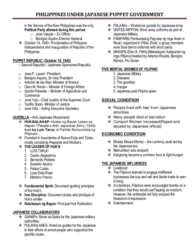 Philippines Under Puppet Government written report