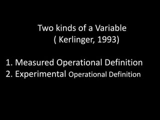 Two kinds of a Variable
( Kerlinger, 1993)
1. Measured Operational Definition
2. Experimental Operational Definition
 