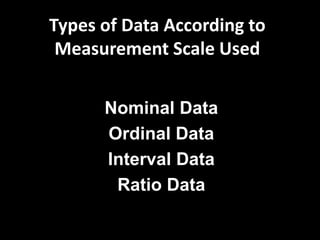 Types of Data According to
Measurement Scale Used
Nominal Data
Ordinal Data
Interval Data
Ratio Data
 