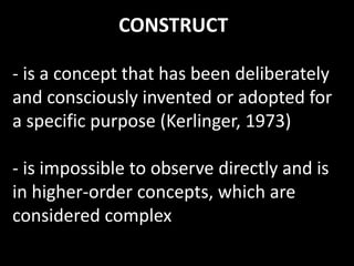 CONSTRUCT
- is a concept that has been deliberately
and consciously invented or adopted for
a specific purpose (Kerlinger, 1973)
- is impossible to observe directly and is
in higher-order concepts, which are
considered complex
 