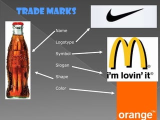 Trade marks
Name
Logotype
Symbol
Slogan
Shape
Color
 