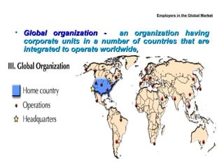 Employers in the Global Market
rket

• Global organization an organization having
corporate units in a number of countries that are
integrated to operate worldwide,

 
