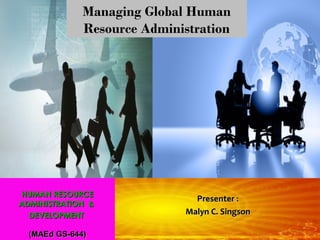Managing Global Human
Resource Administration

HUMAN RESOURCE
ADMINISTRATION &
DEVELOPMENT
(MAEd GS-644)

Presenter :
Malyn C. Singson

 