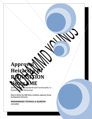 Approval
Heirarchy Of
REQUISITION
Using AME
(Same as that of Standardrized Functionality i-e
Position based Heirarchy)

Ways to Define the AME Rules, Condition, Approver Group
for Requistion Heirarchy

MOHAMMAD YOUNUS A.QURESHI
12/12/2012
 