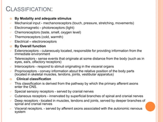 CLASSIFICATION:
 By Modality and adequate stimulus
 Mechanical input - mechanoreceptors (touch, pressure, stretching, movements)
 Electromagnetic - photoreceptors (light)
 Chemoreceptors (taste, smell, oxygen level)
 Thermoreceptors (cold, warmth)
 Electrical – electroreceptors
 By Overall function
 Exteroreceptors - cutaneously located, responsible for providing information from the
immediate environment
 Telereceptors - sense events that originate at some distance from the body (such as in
eyes, ears, olfactory receptors)
 Interoceptors - respond to stimuli originating in the visceral organs
 Proprioceptors - convey information about the relative position of the body parts
(located in skeletal muscles, tendons, joints, vestibular apparatus)
 Clinical classification
 This classification is derived from the pathway by which the primary afferent axons
enter the CNS.
 Special sensory receptors - served by cranial nerves
 Cutaneous receptors - innervated by superficial branches of spinal and cranial nerves
 Deep receptors - located in muscles, tendons and joints, served by deeper branches of
spinal and cranial nerves
 Visceral receptors. - served by afferent axons associated with the autonomic nervous
system
 