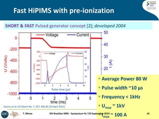 Pulse time [μs] 
Ganciu et al, US Patent No. 7, 927, 466 B2 (19 April 2011) 
Fast HiPIMS with pre-ionization 
 Average Power 80 W 
 Pulse width ~10 μs 
 Frequency < 1kHz 
 Umax ~ 1kV 
 Imax ~ 100 A 
16 
SHORT & FAST Pulsed generator concept [2]; developed 2004 
XIII Brazilian MRS - Symposium N / 29 September 2014 
T. Minea  