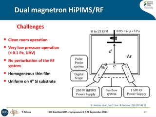 Dual magnetron HiPIMS/RF 
Challenges 
•Clean room operation 
•Very low pressure operation (< 0.1 Pa, UHV) 
•No perturbation of the RF system 
•Homogeneous thin film 
•Uniform on 4” Si substrate 
22 
T. Minea 
XIII Brazilian MRS - Symposium N / 29 September 2014 
N. Holtzer et al., Surf. Coat. & Technol. 250 (2014) 32  