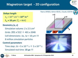 Magnetron target - 2D configuration 
Tiberiu MINEA, Adrien REVEL, Claudiu COSTIN 
Geometry (x, z) 
Simulation volume: 2 x 2.5 cm2 
Grids: 201 x 512 ÷ 401 x 2048 
Cell dimensions: Dx, Dz = 10 m !!! 
8 million simulation particles 
Control parameters 
Time step: Dt = 5 x 10-12 s ÷ 5 x 10-13 s 
Simulated real time: 15 μs !!! 
25 
XIII Brazilian MRS - Symposium N / 29 September 2014 
Debye length 
ne > 1013 cm-3 > 1019 m-3 
le  10 μm (Te = 4eV) 
T. Minea  