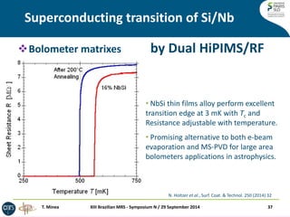 Superconducting transition of Si/Nb 
37 
by Dual HiPIMS/RF 
XIII Brazilian MRS - Symposium N / 29 September 2014 
T. Minea 
Bolometer matrixes 
• NbSi thin films alloy perform excellent transition edge at 3 mK with Tc and Resistance adjustable with temperature. 
• Promising alternative to both e-beam evaporation and MS-PVD for large area bolometers applications in astrophysics. 
N. Holtzer et al., Surf. Coat. & Technol. 250 (2014) 32  