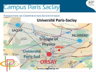 PARIS 
SACLAY 
PALAISEAU 
Triangle of Physics 
ORSAY 
Université Paris-Sud 
T. Minea 
2 
PSE 2012 // September 12, 2012 
U...