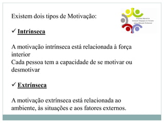 Existem dois tipos de Motivação:
 Intrínseca
A motivação intrínseca está relacionada à força
interior
Cada pessoa tem a capacidade de se motivar ou
desmotivar
 Extrínseca
A motivação extrínseca está relacionada ao
ambiente, às situações e aos fatores externos.
 