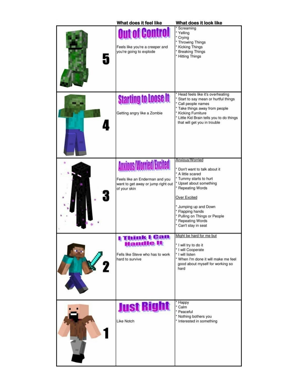 Minecraft 5 Point Scale to Teach Emotional Regulation Concepts