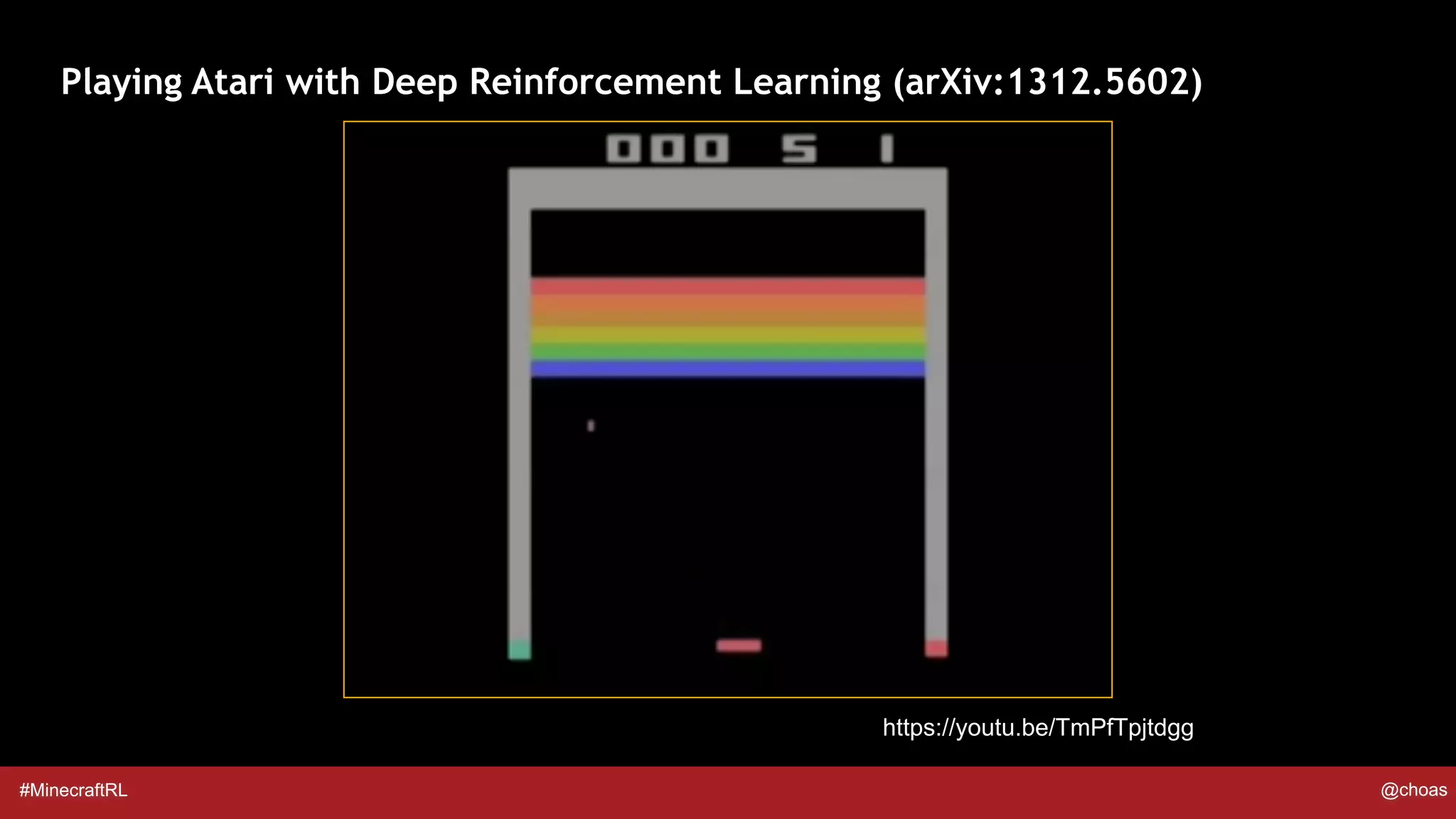 #MinecraftRL @choas
Playing Atari with Deep Reinforcement Learning (arXiv:1312.5602)
https://youtu.be/TmPfTpjtdgg
 