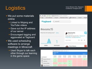 Gamification and Badges
Elements of gamification
 Our syllabus –
pitched at teachers who would
 Gravitate to a learning experience
 where we would define our own outcomes
 which could not be guaranteed in advance
 We applied the Cormier notion of
Community as Curriculum
 The collective would steer the syllabus,
as in games
 We promised badges for accomplishing
specified goals
Vance Stevens CALL Research
Conference Tarragona 2015
 