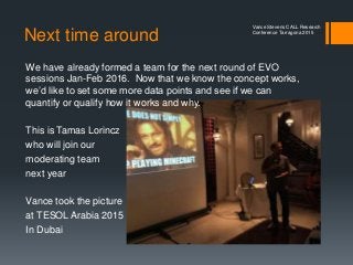 Next time around
We have already formed a team for the next round of EVO
sessions Jan-Feb 2016. Now that we know the concept works,
we’d like to set some more data points and see if we can
quantify or qualify how it works and why.
This is Tamas Lorincz
who will join our
moderating team
next year
Vance took the picture
at TESOL Arabia 2015
In Dubai
Vance Stevens CALL Research
Conference Tarragona 2015
 