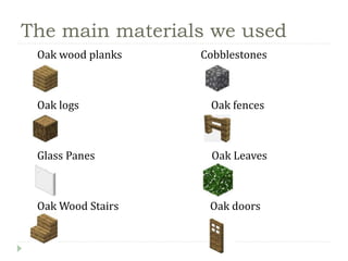 The main materials we used
Oak wood planks Cobblestones
Oak logs Oak fences
Glass Panes Oak Leaves
Oak Wood Stairs Oak doors