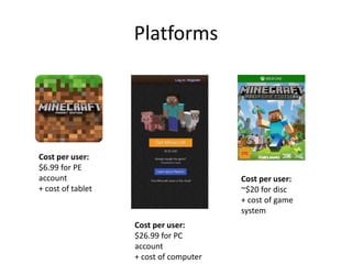 Platforms
Cost per user:
$6.99 for PE
account
+ cost of tablet
Cost per user:
$26.99 for PC
account
+ cost of computer
Cost per user:
~$20 for disc
+ cost of game
system
 