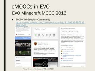 cMOOCs in EVO
■ EVOMC16 Google+ Community
https://plus.google.com/u/0/communities/1129936497633
96826671
EVO Minecraft MOOC 2016
Vance Stevens on Gamification in TPD at MM7 2015
 
