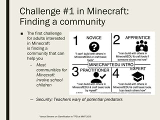 Challenge #1 in Minecraft:
Finding a community
■ The first challenge
for adults interested
in Minecraft
is finding a
community that can
help you
– Most
communities for
Minecraft
involve school
children
― Security: Teachers wary of potential predators
Vance Stevens on Gamification in TPD at MM7 2015
 