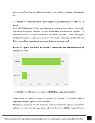 101
Licenciado em Geografia na Especialidade de Cartografia e Sistemas de Informação Geográfica pela Universidade Eduardo Mondlane
com graves reflexos futuros, a falta de amor pelos livros, o refugio as drogas, a delinquência,
etc.
4.6. Opinião dos alunos se tivessem a colaboração dos pais/encarregados de educação e a
escola
O (Gráfico 5) indica que 88% dos alunos inquiridos, opinarão que se tivessem a colaboração
dos pais/encarregados de educação e a escola teriam obtido bons resultados, enquanto 12%
citaram que mesmo se tivessem a colaboração teriam maus resultados. Kaztman e Rodriguez
(s/d) apontam que não há dúvidas de que a força dos vínculos entre os pais e entre estes e os
filhos potencializa a capacidade de transmissão do capital humano e social.
Gráfico 5: Opinião dos alunos se tivessem a colaboração dos pais/encarregados de
educação e a escola
4.7. Opinião dos professores sobre a responsabilidade da reprovação dos alunos
Nessa análise foi possível entender a opinião dos professores entrevistados sobre a
responsabilidade pela reprovação dos seus alunos.
O (gráfico 6) mostra que, 63% dos professores entrevistados referiram a Escola como sendo a
culpada pela reprovação dos seus alunos, tal como Bock et al. (2001), esses professores
 