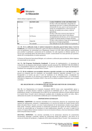 Av. Amazonas N34-451 entre Av. Atahualpa y Juan Pablo Sanz
Telf.: + (593 2) 3961300/1400/1500
www.educacion.gob.ec
deberá utilizar la siguiente escala:
ESCALA SIGNIFICADO CARACTERÍSTICAS DE LOS PROCESOS
I Inicio
El niño o niña está empezando a desarrollar los
aprendizajes previstos o evidencia dificultades para
el desarrollo de estos, para lo cual necesita mayor
tiempo de acompañamiento e intervención del
docente, de acuerdo con su ritmo y estilo de
aprendizaje.
EP En Proceso
El niño o niña está en proceso para lograr los
aprendizajes previstos, para lo cual requiere
acompañamiento del docente y de los representantes
o padres de familia durante el tiempo necesario.
A Adquirido
El niño o niña evidencia el logro de los aprendizajes
previstos en el tiempo programado.
NE No evaluado Este indicador no ha sido evaluado en el quimestre.
Art. 20.- De la calificación desde el subnivel elemental de educación general básica hasta el nivel de
bachillerato.- En el proceso de calificación a partir del subnivel elemental de educación general básica hasta el
nivel de bachillerato, de conformidad con el Reglamento General a la LOEI, debe calificarse numéricamente
para acreditar la aprobación y promoción de los estudiantes. En cada asignatura se deberán registrar, en el
servicio que corresponda dentro del portal Educar Ecuador, exclusivamente tres notas parciales por quimestre,
además de la correspondiente al examen quimestral.
El Sistema de Educación Intercultural Bilingüe, en lo referente a calificación para acreditación, deberá adaptarse
a lo mencionado en este artículo.
Art. 21.- Del Programa Participación Estudiantil.- El proceso de implementación y el mecanismo de
evaluación de este programa están normados mediante Acuerdo ministerial Nro. MINEDUC-ME-2016-00040-A
y su correspondiente instructivo de implementación. El registro de aprobación del Programa de Participación
Estudiantil será consignado en el portal Educar Ecuador.
Art. 22.- De los estudiantes con necesidades educativas especiales asociadas o no a una discapacidad.- El
proceso de evaluación para los estudiantes con necesidades educativas especiales asociadas o no a una
discapacidad es el mismo que para el resto de estudiantes en los diferentes niveles, considerando las
adaptaciones curriculares en los procesos de evaluación que consten en la planificación o en el Documento
Individual de Adaptaciones Curriculares (DIAC). Para este fin se deberá considerar el instructivo que se emitirá
a tal efecto..
CAPÍTULO VI
DEL REGISTRO DE LA INFORMACIÓN DE LOS DEPARTAMENTOS DE CONSEJERÍA
ESTUDIANTIL
Art. 23.- Los Departamentos de Consejería Estudiantil (DECE) tienen como responsabilidad, apoyar y
acompañar la actividad educativa mediante la promoción de habilidades para la vida y la prevención de
problemáticas sociales. Los profesionales de los DECE de las instituciones educativas fiscales deberán registrar
en el portal Educar Ecuador toda la información recabada sobre el abordaje que realiza con niños, niñas y
adolescentes de acuerdo a los lineamientos establecidos por la Autoridad Educativa Nacional.
DISPOSICIONES GENERALES
PRIMERA.- DISPONER a las máximas autoridades de las instituciones educativas de sostenimiento fiscal
registrar las calificaciones, asistencia y comportamiento en el servicio de Gestión de Control Escolar (GCE)
dentro del portal Educar Ecuador, así como el aprovechamiento de las herramientas virtuales de que dispone
dicho portal. Asimismo, deberán gestionar la actualización permanente del registro de bienes informáticos y
servicios de conectividad que se encuentran en cada establecimiento educativo, así como el estado de los
mismos. El registro deberá realizarse mediante el servicio de Gestión de Bienes y Servicios Informáticos (GBSI)
dentro del portal Educar Ecuador.
SEGUNDA.- DISPONER a las máximas autoridades de las instituciones educativas de sostenimiento
fiscomisional, municipal y particular, registrar las calificaciones finales del quimestre y año lectivo en el
servicio de Gestión de Inscripción y Asignación (GIA) dentro del portal Educar Ecuador. Este mecanismo de
6/8
* Documento generado por Quipux
 