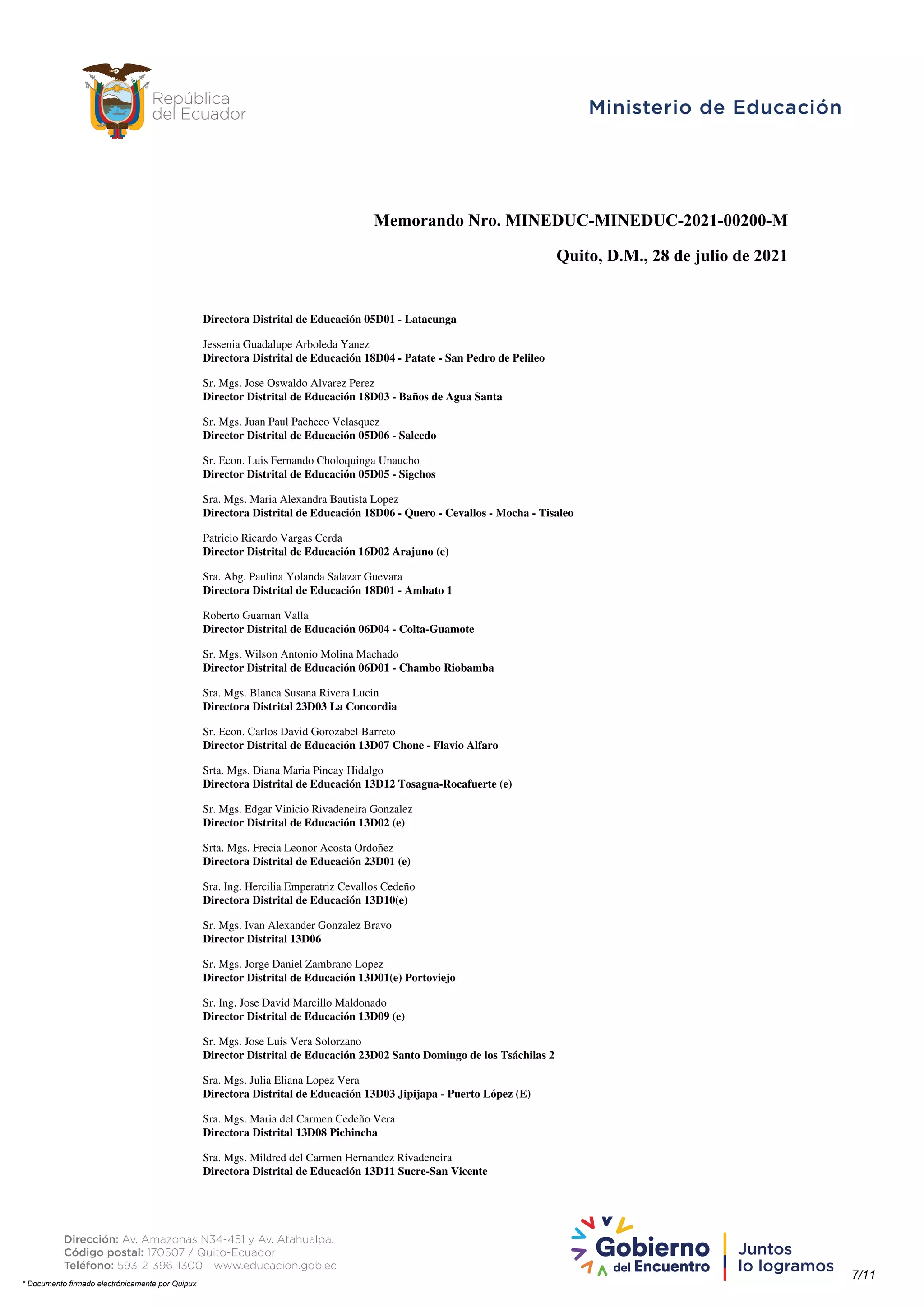 Memorando Nro. MINEDUC-MINEDUC-2021-00200-M
Quito, D.M., 28 de julio de 2021
Directora Distrital de Educación 05D01 - Latacunga
Jessenia Guadalupe Arboleda Yanez
Directora Distrital de Educación 18D04 - Patate - San Pedro de Pelileo
Sr. Mgs. Jose Oswaldo Alvarez Perez
Director Distrital de Educación 18D03 - Baños de Agua Santa
Sr. Mgs. Juan Paul Pacheco Velasquez
Director Distrital de Educación 05D06 - Salcedo
Sr. Econ. Luis Fernando Choloquinga Unaucho
Director Distrital de Educación 05D05 - Sigchos
Sra. Mgs. Maria Alexandra Bautista Lopez
Directora Distrital de Educación 18D06 - Quero - Cevallos - Mocha - Tisaleo
Patricio Ricardo Vargas Cerda
Director Distrital de Educación 16D02 Arajuno (e)
Sra. Abg. Paulina Yolanda Salazar Guevara
Directora Distrital de Educación 18D01 - Ambato 1
Roberto Guaman Valla
Director Distrital de Educación 06D04 - Colta-Guamote
Sr. Mgs. Wilson Antonio Molina Machado
Director Distrital de Educación 06D01 - Chambo Riobamba
Sra. Mgs. Blanca Susana Rivera Lucin
Directora Distrital 23D03 La Concordia
Sr. Econ. Carlos David Gorozabel Barreto
Director Distrital de Educación 13D07 Chone - Flavio Alfaro
Srta. Mgs. Diana Maria Pincay Hidalgo
Directora Distrital de Educación 13D12 Tosagua-Rocafuerte (e)
Sr. Mgs. Edgar Vinicio Rivadeneira Gonzalez
Director Distrital de Educación 13D02 (e)
Srta. Mgs. Frecia Leonor Acosta Ordoñez
Directora Distrital de Educación 23D01 (e)
Sra. Ing. Hercilia Emperatriz Cevallos Cedeño
Directora Distrital de Educación 13D10(e)
Sr. Mgs. Ivan Alexander Gonzalez Bravo
Director Distrital 13D06
Sr. Mgs. Jorge Daniel Zambrano Lopez
Director Distrital de Educación 13D01(e) Portoviejo
Sr. Ing. Jose David Marcillo Maldonado
Director Distrital de Educación 13D09 (e)
Sr. Mgs. Jose Luis Vera Solorzano
Director Distrital de Educación 23D02 Santo Domingo de los Tsáchilas 2
Sra. Mgs. Julia Eliana Lopez Vera
Directora Distrital de Educación 13D03 Jipijapa - Puerto López (E)
Sra. Mgs. Maria del Carmen Cedeño Vera
Directora Distrital 13D08 Pichincha
Sra. Mgs. Mildred del Carmen Hernandez Rivadeneira
Directora Distrital de Educación 13D11 Sucre-San Vicente
7/11
* Documento firmado electrónicamente por Quipux
 